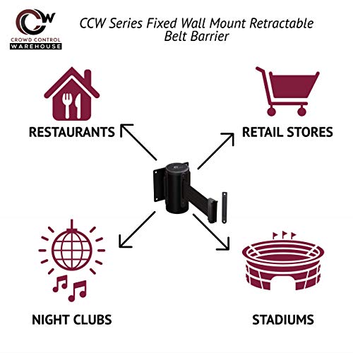 Crowd Control Warehouse - CCW Series WMB-125 Fixed Wall Mount Retractable Belt Barrier - 11 Foot, Black and Yellow Diagonal Stripes Belt with Black Steel Case