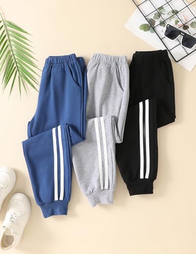 EDFTM Girls 3 Pack Sweatpants with Pockets, Elastic Waist Joggers, 5-6 Years Navy/Gray/Black