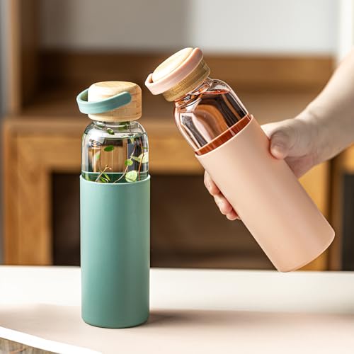 Green 21oz Borosilicate Glass Water Bottle with Silicone Non-Slip Sleeve & Leak-Proof Lid