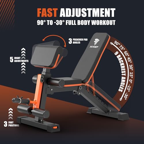 Adjustable Weight Bench - 1000LBS Capacity, Foldable Heavy Duty with Preacher Pad & Leg Extension - Orange Black