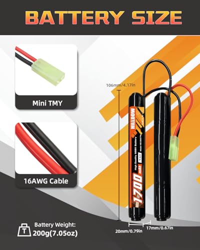 9.6V 1700mAh NiMH Airsoft Battery with Mini TMY Plug - 2 Pack