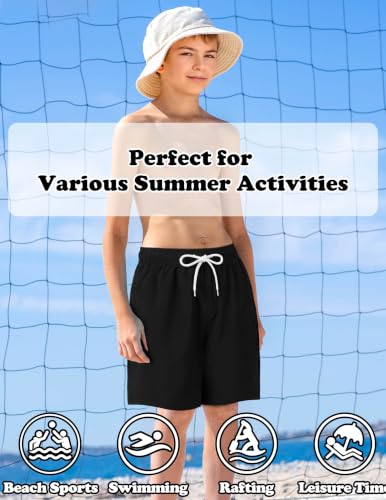 Sarfel Boys Swim Trunks with Compression Liner 14-16 Years Solid Black Quick Dry Teen Beachwear