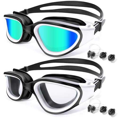 Fulllove 2 Pack Swim Goggles for Men Women Mirror Gold & White, Long-lasting Waterproof Swimming Mask