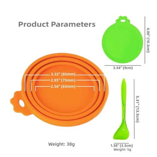 Pet Food Can Covers - Silicone Lids for Dogs & Cats - Green & Orange with Spoon