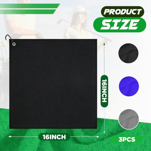 Microfiber Golf Towels 3 Pack - 16"x16" Waffle Pattern - Black/Blue/Gray