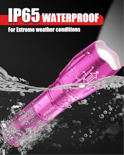 Victoper Pink LED Flashlight 2 Pack Waterproof Zoomable Tactical Torch, 5 Modes for Camping & Outdoors