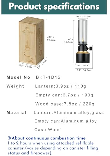 Camping Moon Black Refillable Gas Candle Lantern 15g with Glass Globe & Wooden Case