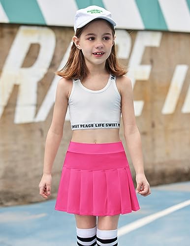 Arshiner Girls Tennis Skirts with Pockets - Kids Athletic Pleated Golf Skorts, 6-7 Years, Rose Red