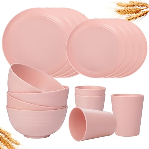 Rubtlamp 16Pcs Pink Wheat Straw Reusable Dinnerware Set for 4 | Durable Plates & Bowls