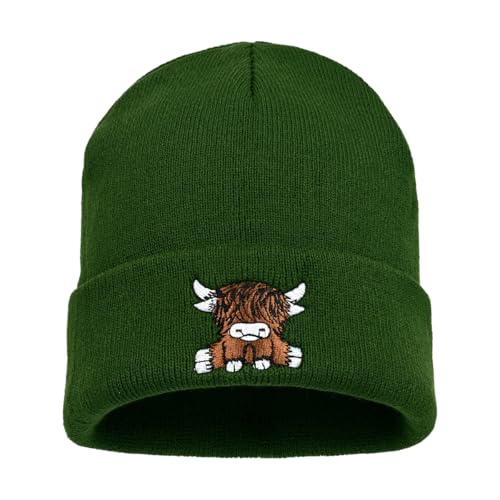 Yak Embroidery Stretch Knit Beanie Hat - Army Green