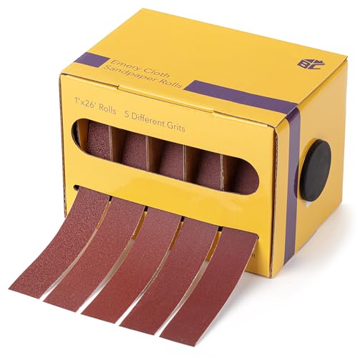 Bates- Emery Cloth Roll, 1" x 26 FT, 5 Grits, 150/240/320/400/600 Grit, Abrasive Sandpaper Roll of Sandpaper Set with Dispenser, Emery Cloth for Metal, Wood, Polishing