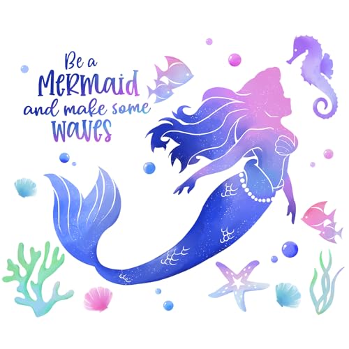 Yovkky Be a Mermaid Gradient Wall Decals Stickers, Under The Sea Ocean Creatures Starfish Seahorse Baby Nursery Decor, Beach Coastal Coral Conch Fish Bubble Home Decorations Girls Bedroom Playroom Art