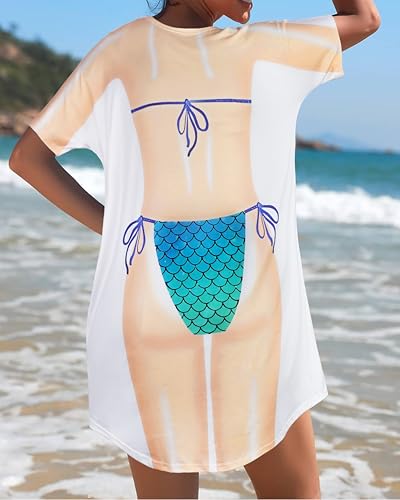 Elescat Women's Blue Shell X-Large Beach Cover Up with Funny Bikini Print
