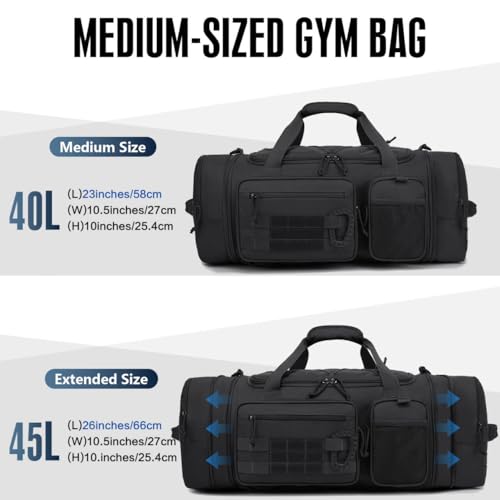 TONRUYN Black 3-in-1 Expandable Tactical Gym Duffle Bag with Shoe & Wet Pocket