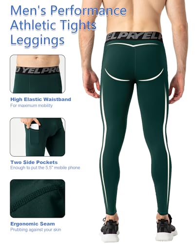 Men's Compression Pants - Cool Dry Sports Leggings with Phone Pocket - Dark Green, Small