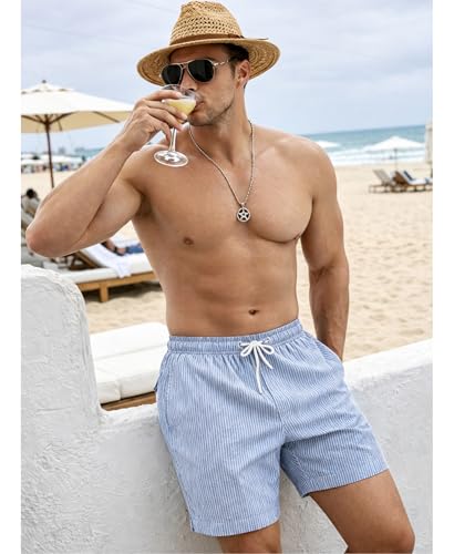 CoozySphere Men's Seersucker Swim Shorts 5 Inch Blue White Stripe Quick Dry Beach Trunks with Pockets