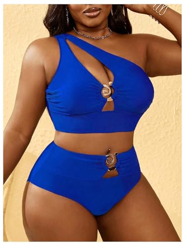 SOLY HUX Women's Plus Size One Shoulder Ring Bikini Set XL Royal Blue