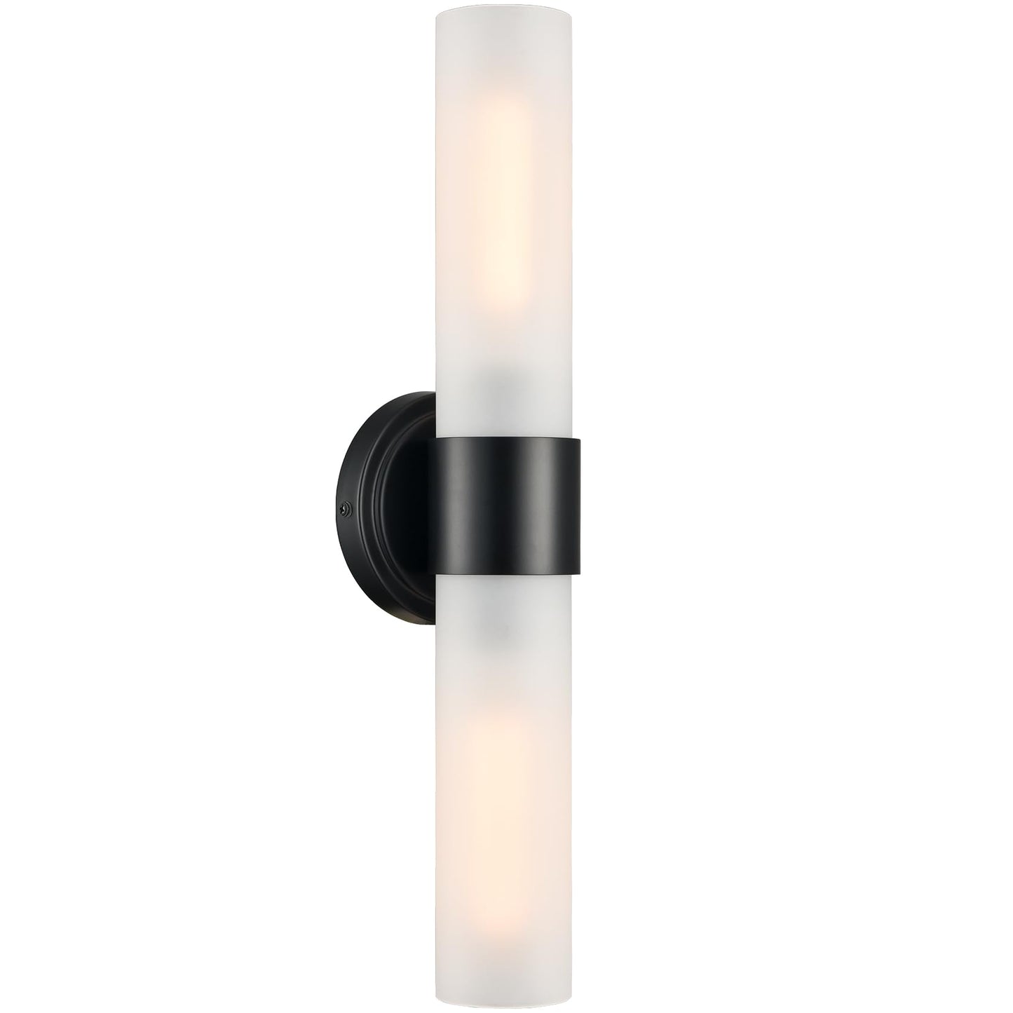 DAYCENT Modern Black Bathroom Vanity Lights Farmhouse 2-Light Frosted Glass Wall Sconce Matte Black Cylinder Sconces Wall Lighting for Bedroom Hallway Living Room, 20" H