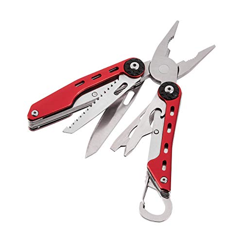 Amazon Basics 10-in-1 Stainless Steel Multitool with Red Aluminum Frame - Pliers, Wire Cutter, Knife, Saw, Screwdrivers, Bottle Opener, Carabiner (10-in-1, Red)