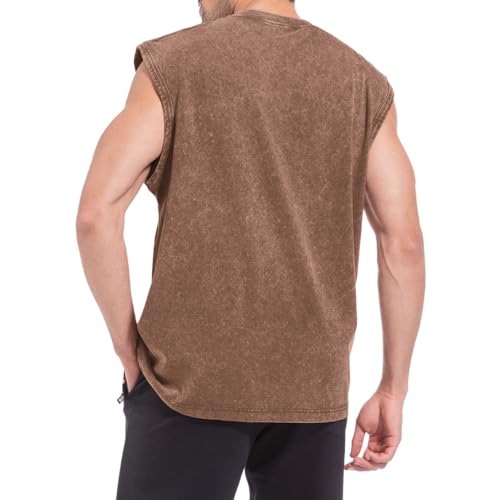 Muscle Cut Off Tank Top for Men - Acid Wash Cotton Tee - Coffee / XX-Large