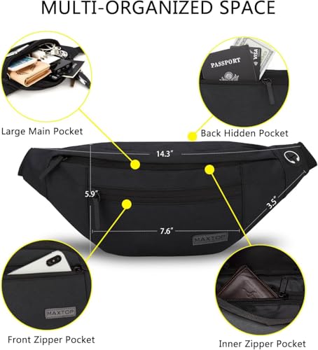 Crossbody Fanny Pack for Men & Women - Black, 4 Zipper Pockets
