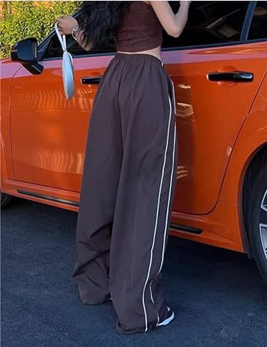 Women's Parachute Pants Wide Leg Baggy Joggers - Y2K Elastic Waist Streetwear - Medium Coffee