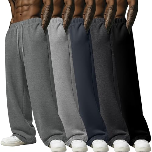 Baggyfly 5 Pack Men's Lightweight Baggy Sweatpants Straight Leg Open Bottom Drawstring Pants with 3 Pockets(Mix Gray, Light Gray, Blue Gray, Dark Gray, Black,Medium)
