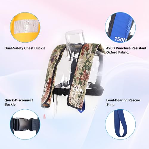Samilalago Lightweight Automatic Inflatable Life Vest for Adults, Light Camouflage, 300 lb Limit