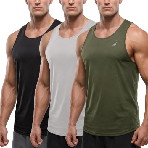 Men's Breathable Mesh Tank Tops - 3 Pack Y-Back - Large, Black/Grey/Green