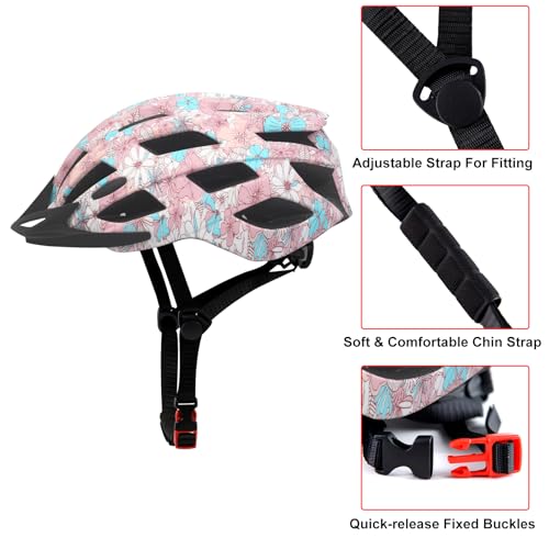 Adjustable Bicycle Helmet for Adults - Lightweight Pink Flower, L: 58-62cm