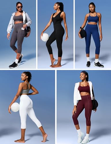 High Waisted Capri Leggings with Pockets for Women - Black, Large