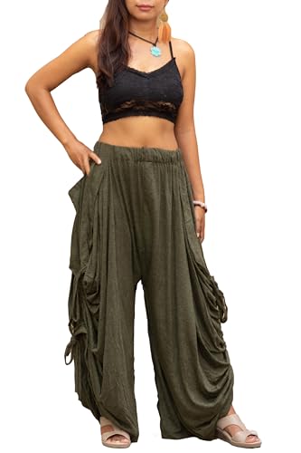 Thaluta Women's Olive Wide Leg Palazzo Pants - Convertible Maxi Skirt with Pockets, One Size