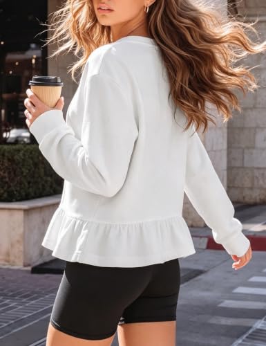 Watashi Women Ruffle Peplum Hem Cotton Pullover Sweatshirt - Medium White