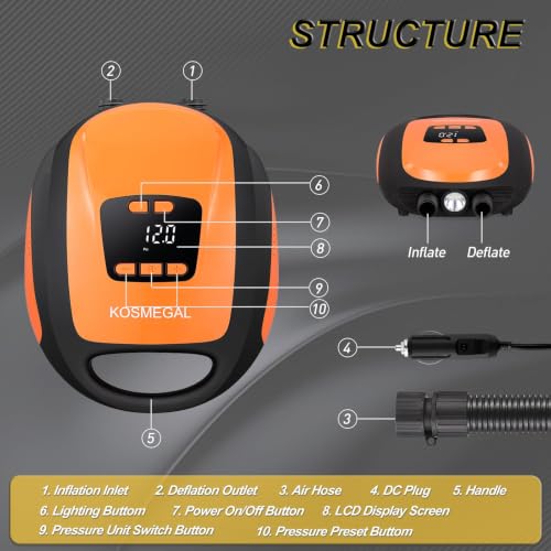 Electric Paddle Board Pump - 20PSI Air Compressor, Orange