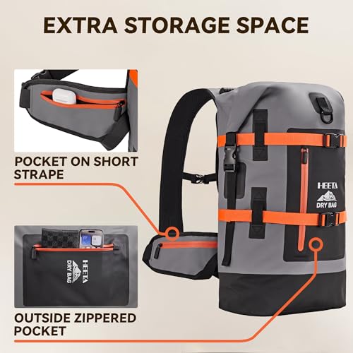 HEETA 40L Waterproof Dry Backpack Grey Heavy Duty Waterproof Bag for Hiking & Travel