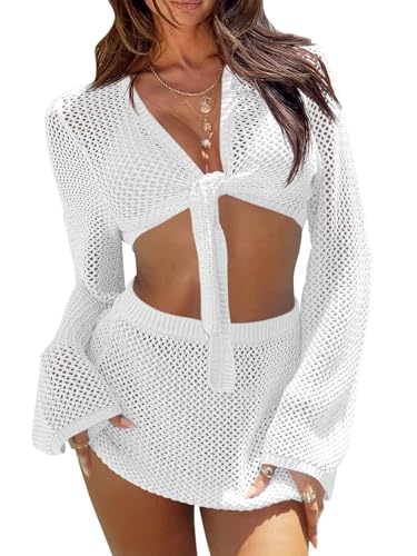 Fisoew Womens Crochet 2-Piece Swimsuit Cover Up Set - Long Sleeve Tie Front Crop Top & Mini Skirt (Medium, White)
