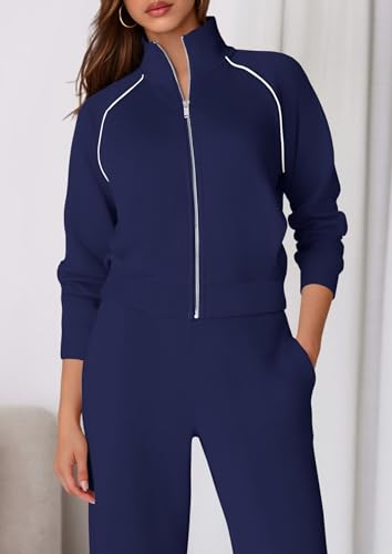 PRETTYGARDEN Women's 2-Piece Navy Blue Lounge Sweatsuit Set - Large