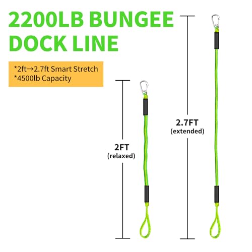 Green & Yellow 2FT Bungee Dock Lines for Boats, Kayaks & Jet Skis - Shock Absorbing Marine Tie Downs (2-Pack)