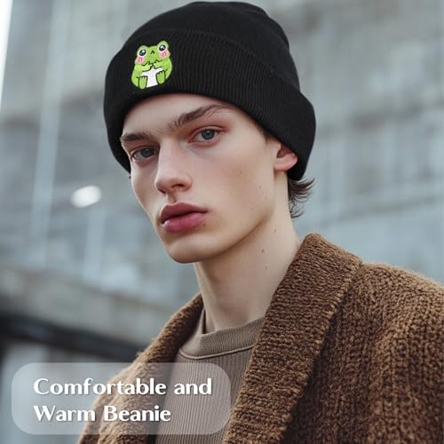 Cute Frog Embroidered Knit Beanie - Black Winter Warm Stretch Hat