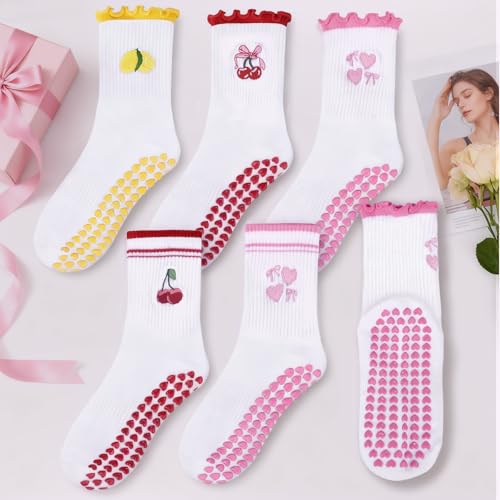Yoga Grip Socks for Women - Cute Embroidery Pattern, Pink Ruffles