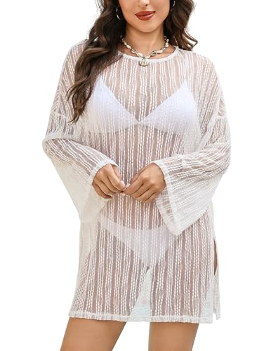 Sheer Lace Swimsuit Cover-Up for Women - Long Sleeve Beach Dress - White M