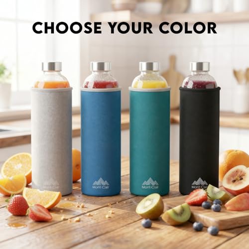 18 oz Borosilicate Glass Water Bottle with Neoprene Sleeve - Black