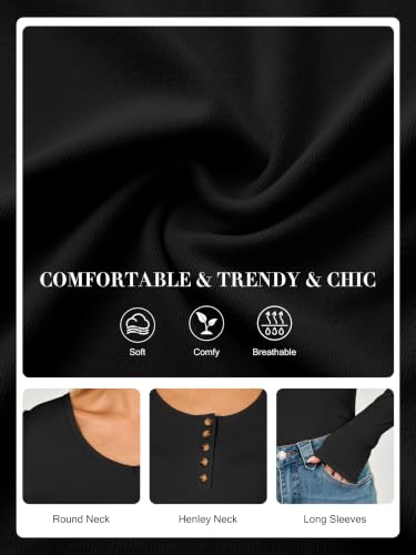 ANRABESS Women's Thermal Henley Long Sleeve Fleece Shirt - Medium Black
