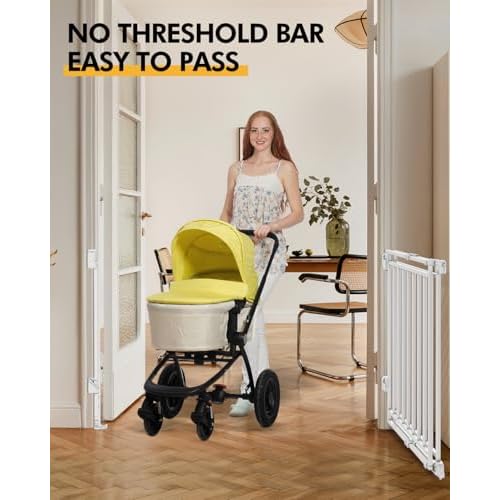 Baby Gate for Stairs Doorways & Kitchen, 26.4"-43" W x 29" H, No Bottom Bar Dog Gate, One-Handed Auto-Close, Hardware Mount Safety Gate for Dogs & Toddlers, White