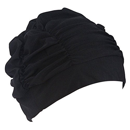 Pleated Swim Hat for Women - Black Color Fabric Bathing Cap
