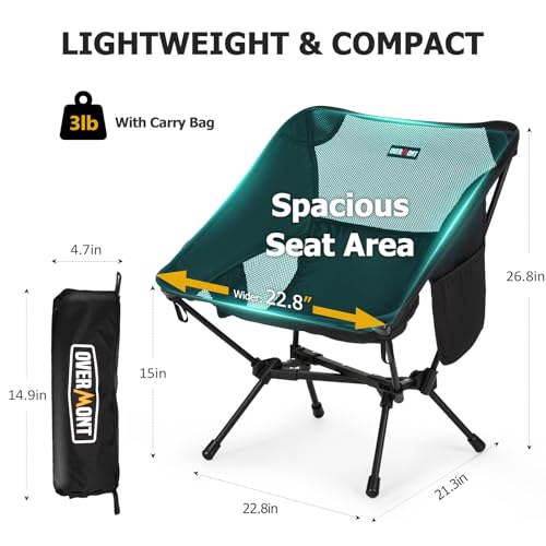 Overmont Black Ultralight Portable Camping Chair - Support 330Lbs, Foldable Beach & Hiking Seat with Carry Bag for Adults