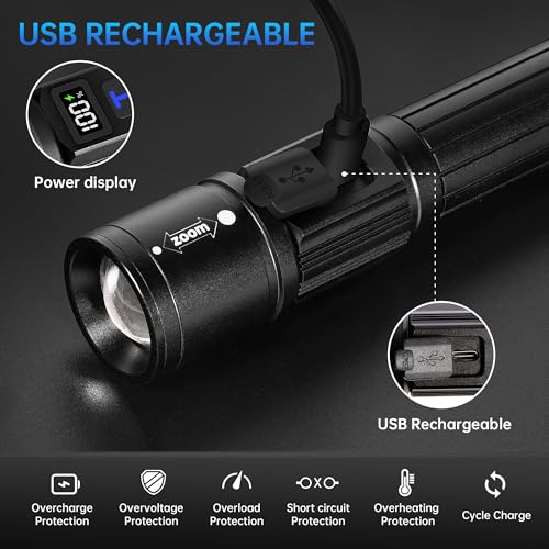 Rechargeable Flashlights 2 Pack - High Lumens with LCD Display, 5 Modes, USB C Charging - Black