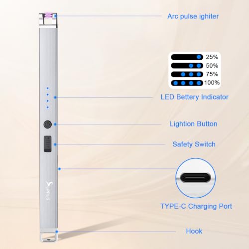 Flameless Rechargeable Electric Arc Lighter with Safety Lock - Silver