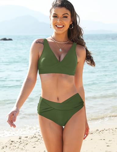 V Waist Crossover Swim Bottoms for Women - Army Green, Large