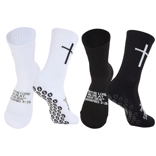 Cross Grip Non-Slip Soccer Socks - 2 Pairs with Bible Verse - Black & White